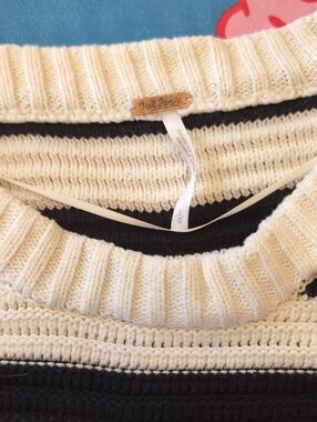 Free People Black and Cream Striped Knit Pullover Oversized L